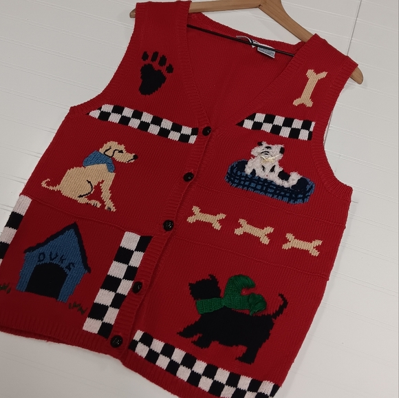 American Vintage Sweaters - VINTAGE 90S CAPACITY PUPPY DOGS COTTAGECORE PATCHWORK SWEATER VEST WOMEN'S L